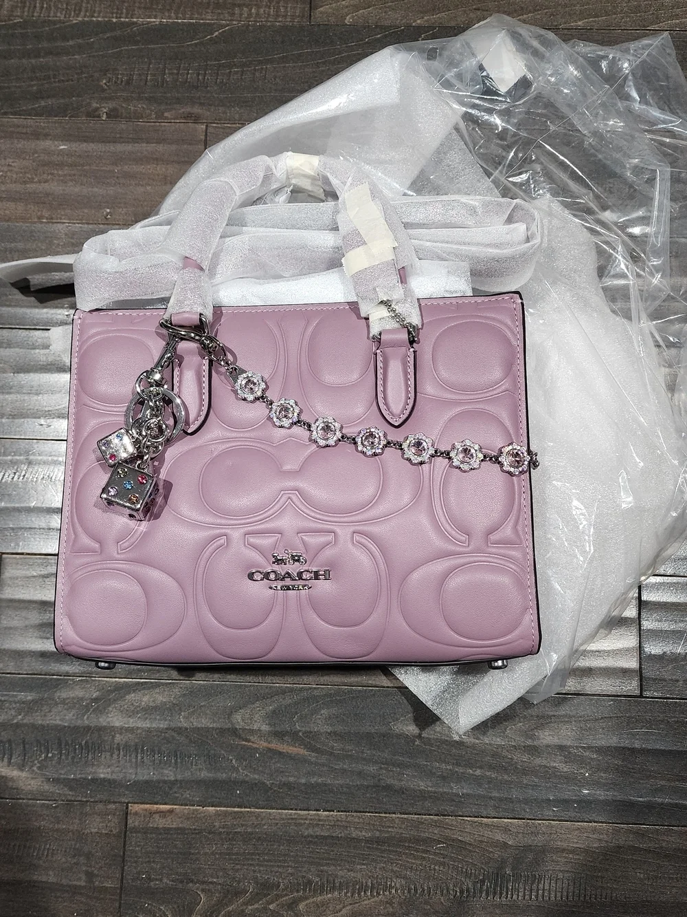 New! COACH Lilac Leather Maggie Small Tote with Decorative Chain And Keychain